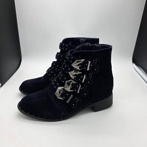 Revamped Navy Suede Buckle Strap Ankle Boots